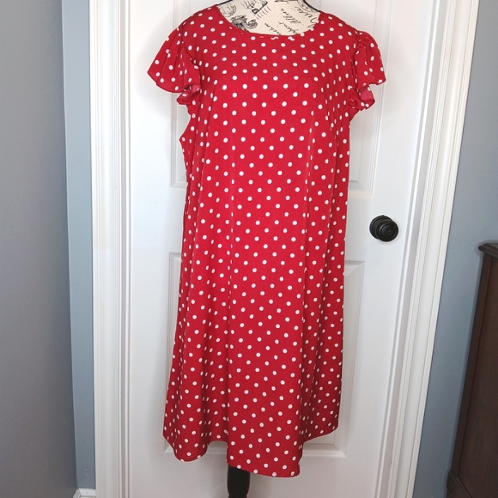NWOT Plus Size 1X SHEIN Women's Red White Polka Dot Dress Midi Flutter Sleeve